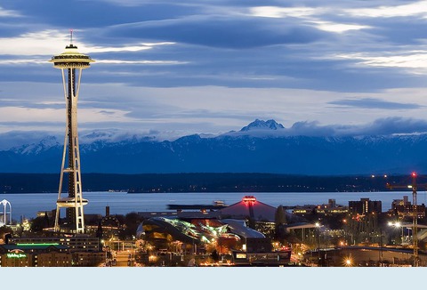 Seattle Center as night falls. By Jeffery Hayes (Jeffery Hayes) [CC BY-SA 3.0 (http://creativecommons.org/licenses/by-sa/3.0)], via Wikimedia Commons