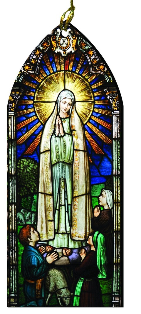 Our Lady of Fatima and the Shepherd Children Stained Glass Wood Ornament