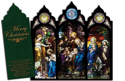 NATIVITY STAINED GLASS TRI-FOLD TRIPTYCH CHRISTMAS CARDS