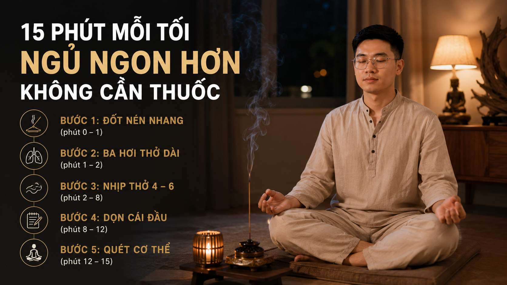15 phút thiền trước khi ngủ với một nén nhang trầm giúp dễ ngủ